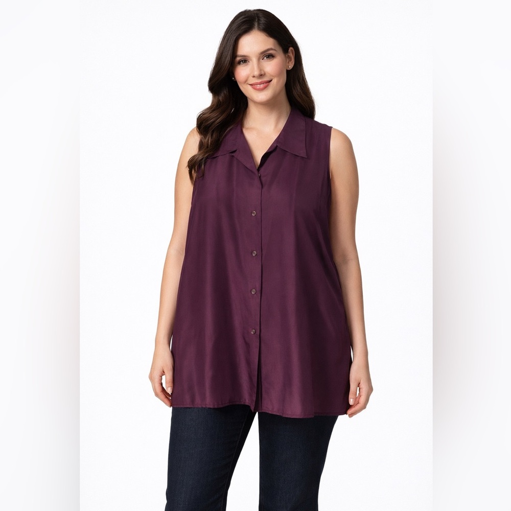 Garden party 100% silk tunic old money Sleeveless Purple collared top tunic L